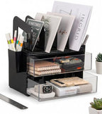 LALOBLUE Acrylic Desk Organizer with Drawer and Vertical File Holder, Desk Organizers and Accessories, Multi-Functional Office Supplies Organizer for Home or Work Desk, Black by Laloblue