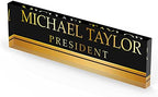 Artblox Personalized Office Desk Name Plate With Business Card Holder | Clear Acrylic Glass with Teak Wood Stand | Black Gold Stripe Design Customized with Your Name and Credentials Office Desk Décor - Image 4