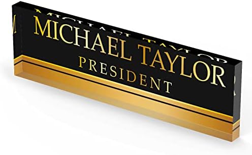 Artblox Personalized Office Desk Name Plate With Business Card Holder | Clear Acrylic Glass with Teak Wood Stand | Black Gold Stripe Design Customized with Your Name and Credentials Office Desk Décor - Image 4