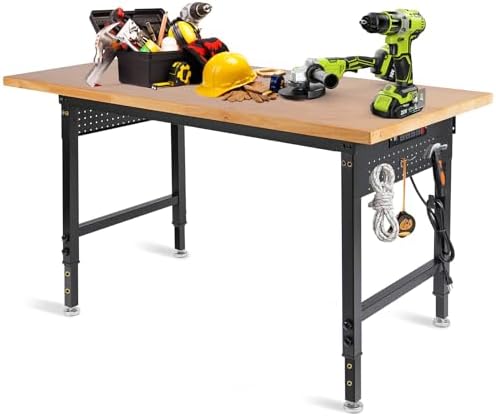60” Heavy Duty Workbench, 2000 LBS Load Capacity Rubber Wood Work Table with Power Outlets, Pegboard, Work Bench for Garage, Office, Home, Workshop, Commercial by Unknown