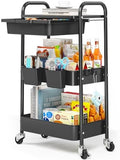 KINGRACK 3 Tier Metal Rolling Cart with Drawer, Black Utility Storage Cart by KINGRACK