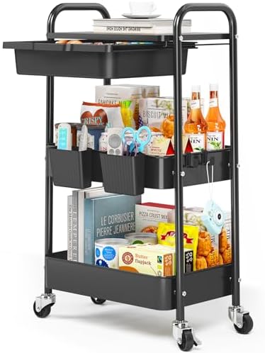 KINGRACK 3 Tier Metal Rolling Cart with Drawer, Black Utility Storage Cart by KINGRACK