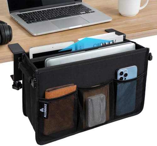 Side Desk Laptop Holder for Up to 3 Laptops, Side Desk Storage Organizer with Adjustable Divider & Soft-Lined Interior, Easy Clamp Mount Laptop Desk Holder, Fits 0.6″-3.2″ Flat Edge by Unknown