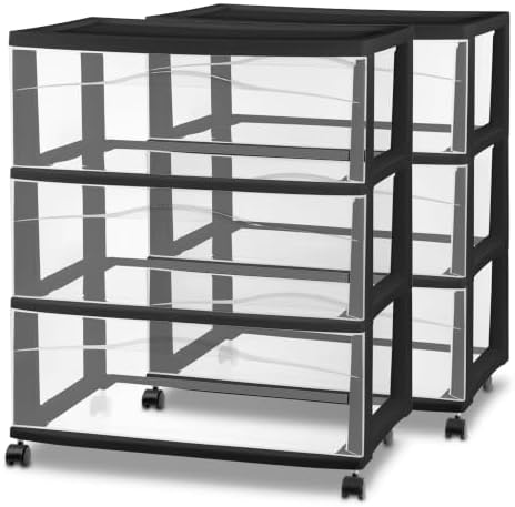 Sterilite 2 Pck Wide 3 Drawer Storage Cart Plastic Rolling Organizer, Black by Sterilite