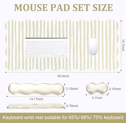 L-SPOUTTO Beige Striped Mouse Pad Set,Scalloped XXL Desk Mat + Ergonomic Mouse Wrist Rest + Gel Keyboard Wrist Rest for Keyboard 65%/75%,3in1 Large Desk Pad for Desktop Home Office Computer Game - Image 5