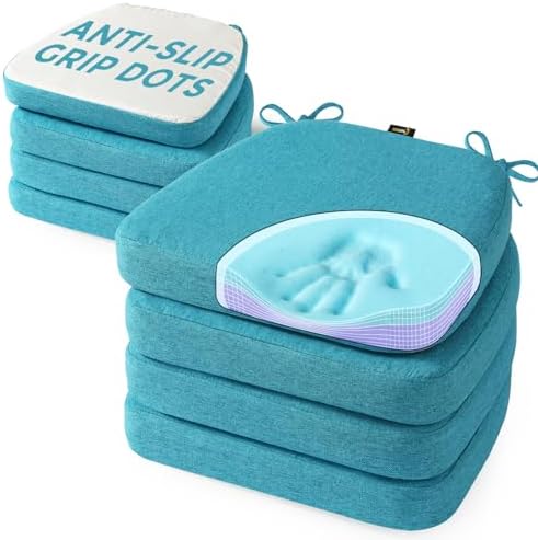 SUNROX Cooling Gel Memory Foam Chair Cushions, 2.6" Thick U-Shaped Dual-Layer Comfort Dining Chair Pads, Non Slip Seat Cushion with Ties for Indoor Kitchen Office 17"x16" Set of 8, Turquoise by SUNROX