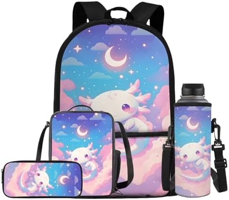 Unisex School Backpack 4Pcs, Cartoon Travel Daypack & Pencil Case & Lunch Bags & Cup Sleeve Lightweight Large Capacity for Elementary Kindergarten Moon Axolotl by Oamsistay
