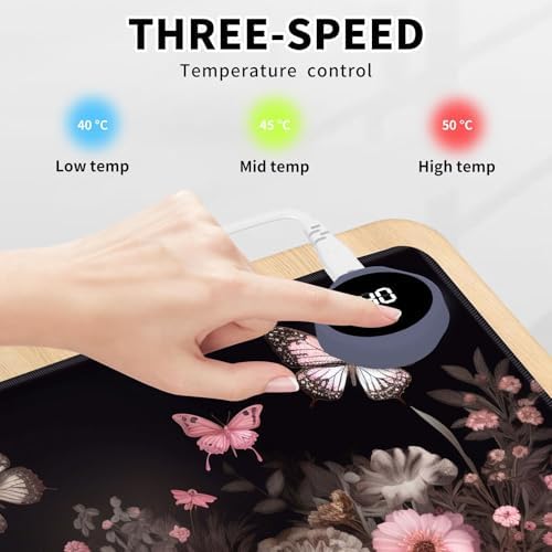 Heated Mouse Pad Hand Warmer, Warm Desk Pad Mousepad Desk Mat with 3 Levels Heating and Auto Shut Down 31.5 x 13 inch PU Leather Warmer Keyboard Mat for Gaming Office Home, Art Butterfly Flower - Image 3