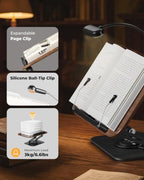 Book Stand with Reading Light, 360° Rotating Book Holder for Desk, Foldable Cookbook Stand with Page Clips, Height & Angle Adjustable Reading Stand for Textbooks, Tablets - Image 6