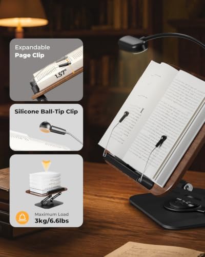 Book Stand with Reading Light, 360° Rotating Book Holder for Desk, Foldable Cookbook Stand with Page Clips, Height & Angle Adjustable Reading Stand for Textbooks, Tablets - Image 6