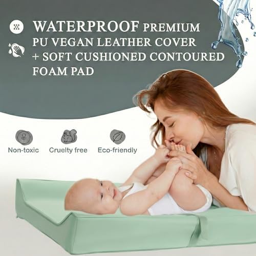 Vegan Leather Contoured Baby Changing Pad | Waterproof & Wipe-Clean PU Leather Diaper Change Mat, Soft, Wipeable Cover, Safety Strap, Non-Slip Bottom, Topper for Standard Infant Diaper Table & Dresser - Image 4