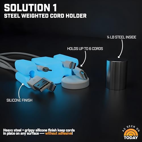CordBrick 2PK Glowing Silicone + Steel Weighted Cable Holders for Nighstands, Cord Wraps for Travel, Unique iPhone Accessories. Small Graduation Gift for High Schoolers. Gadget for Teens. Blue Glow - Image 2