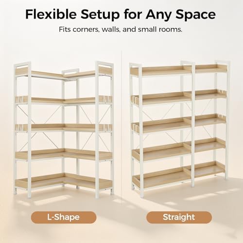 GTPLAYER 5-Tier Corner Bookshelf, L-Shaped Metal Frame Shelf with Tall 14" Shelves, Plant Stand and Storage Rack for Small Spaces, Living Room and Home Office, Light Oak - Image 6