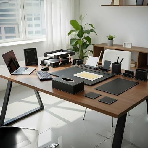 Leather Desk Set, 13-Piece All-in-One – Executive Desk Accessories & Office Supplies, Desk Organizer with Desk Pad & Blotter, 2-Tier Letter Tray, Luxury Office Desk Decor & Boss Gifts (Black) - Image 2