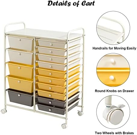 LDAILY 15 Drawer Rolling Storage Cart, Rolling Cart with Drawers for Classroom, Art Supply Craft Organizer on Wheel with Metal Frame & Handles for Home Office School - Image 5