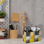 Pens Holder, Pencils Holder for Desk Organizer, Abstract Art Gray Yellow Plaid PU Leather Pencil Cups Desktop Stationery Storage Makeup Brush Holder Pens Organizer for Office Home - Image 6