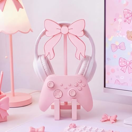 Mifoci Pink Bow Headphone Stand with Gaming Controller Holder by Mifoci