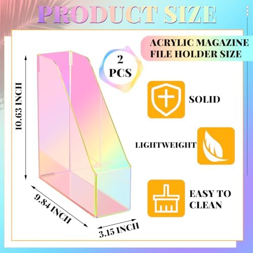Engrowtic 2 Pcs Iridescent Vertical Magazine File Holder Acrylic Magazine Holder Storage Organizer Plastic Clear Acrylic Rack for Office Classroom Home Document Paper Book Collection Back to School - Image 3