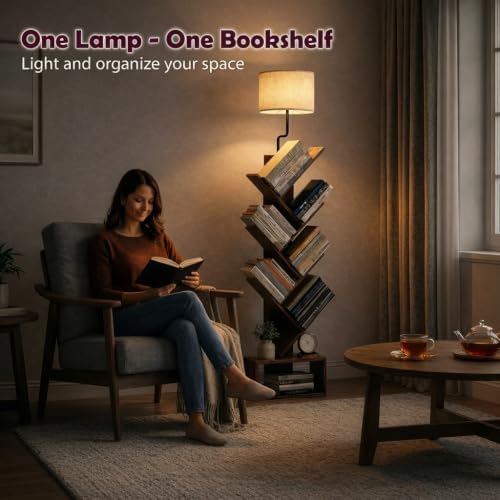 XBurmo 6 Tier Tree Bookshelf with Lights - Small Bookcase, Compact Book Tower with Drawer, Corner Bookshelf for Bedroom, Living Room and Home Office Storage, Rustic Brown - Image 3