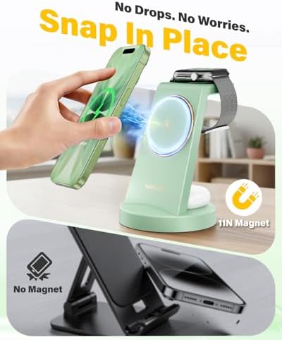 3 in 1 Fast Charging Station for iPhone, 25W Wireless Magnetic Phone Charger for iPhone 17 16e 16 15 14 13 12 Serise, Watch Charger Stand, Wireless Charging Station for AirPods 4 3 Pro, Green - Image 5