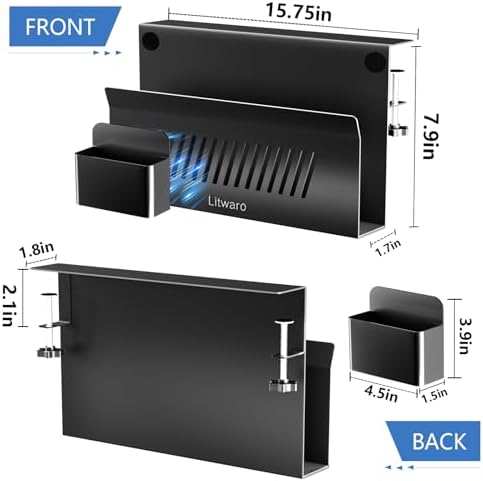 Litwaro Desk Side Storage Organizer, No Drill Laptop Holder Clamp on Desk Shelf with Magnetic Pen Holder, Hanging Organizer Fits Flat Edge Desks 0.4" to 2.1" (Black) - Image 2