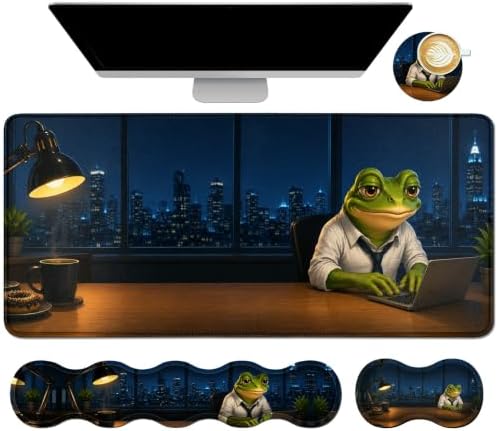 4Pcs Memory Foam Keyboard Wrist Rest Desk Mat Set, Night Shift Frog by Dikoer