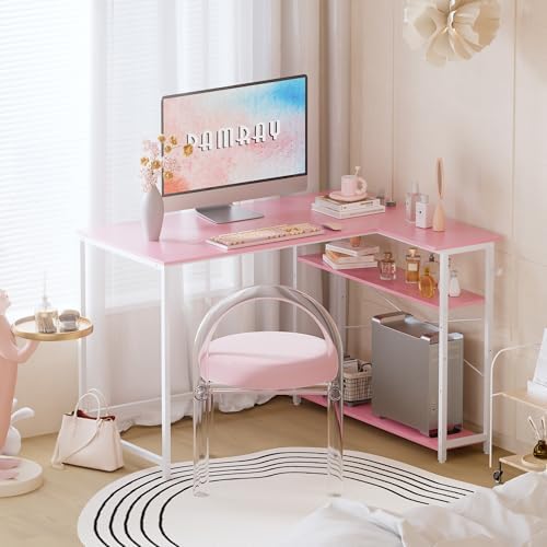 Pamray 43 Inch L Shaped Computer Desk with Reversible Side Storage Shelves, Small Corner Desk for Small Space Home Office,Writing Study Table PC Desk for Bedroom,Pink with White Leg - Image 2