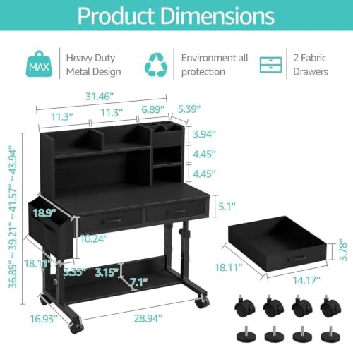 WINAZ Black Mobile Kids Desk - 32" Height Adjustable Study Table with Hutch - Image 3