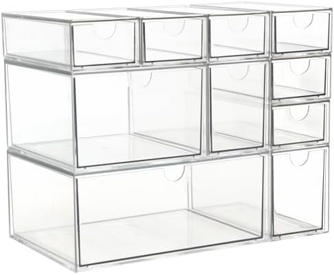 Acrylic Makeup Organizer, 10 Drawers Clear Storage Organizer Desktop Stackable Storage Drawers, Plastic Organizer Bins for Makeup, Stationery, Cosmetics, Vanity, Bathroom,Cabinet,Pantry Office Desk by ZEXALOR