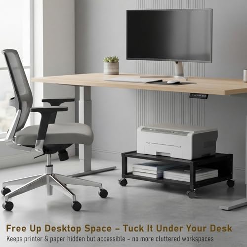 Zonon 2 Tier Printer Stand Under Desk with Wheels, Open Shelf Style, Black - Image 6