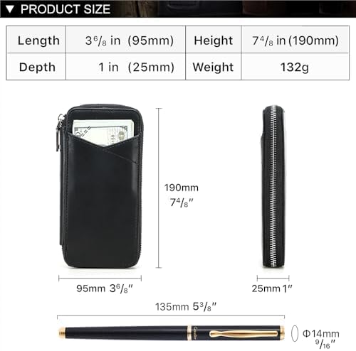 CONTACTS Full Grain Leather Pencil Case Handmade Vintage Zipper Pen Holder Pouch with Card Slot Pens Organizer Pockets Stationery Bag for Men and Women (Black) - Image 5