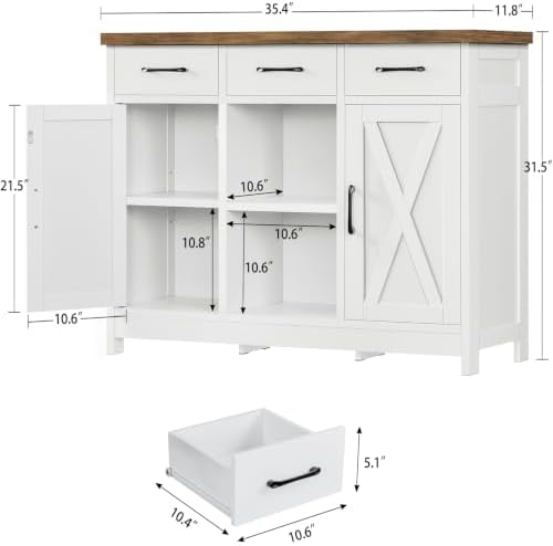 TEENFON Storage Cabinet, Coffee Bar Cabinet with 3 Drawers, 2 Adjustable Shelves & 2 Doors, Buffet Cabinet, Kitchen Cabinet for Kitchen, Dining Room, Living Room, White - Image 2