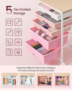VASAGLE Rolling Cart with Drawers,5 Drawers Storage Cart, Pink - Image 6