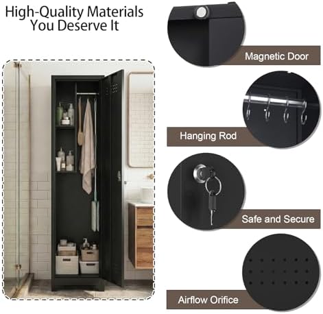 Slim Broom Closet Storage Cabinet, Black Metal Cabinets with Lock and & S-Hooks, Cleaning Supply Cabinet, 65x15.8x15.8 Utility Storage Cabinet for Garage, Office, Laundry Room - Image 5