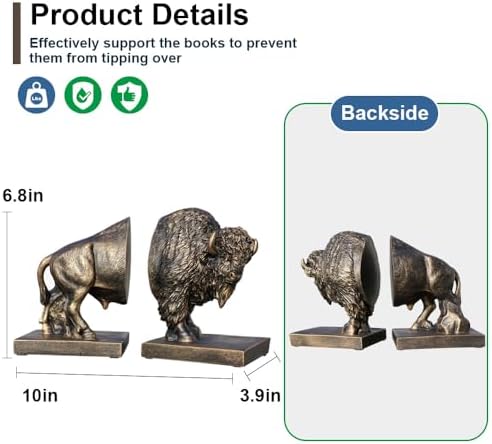 Decorative Bookends, Art Book Ends for Heavy Books, Heavy Bookends for Shelves, Vintage Non-Slip Base Book Holder, Resin Book Stopper for Home Office Decor (Copper Buffalo) - Image 3