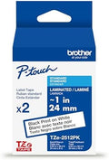 Brother Genuine P-Touch TZe 2-Pack Black Print on White Label Tapes (TZe2512PK), Laminated,1in x 26.2ft (24mm x 8m) Each, for Select P-Touch Label Makers, Durable, Water-Resistant, Indoor/Outdoor Use by Brother