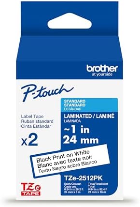Brother Genuine P-Touch TZe 2-Pack Black Print on White Label Tapes (TZe2512PK), Laminated,1in x 26.2ft (24mm x 8m) Each, for Select P-Touch Label Makers, Durable, Water-Resistant, Indoor/Outdoor Use by Brother