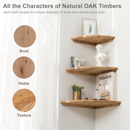 Corner Shelves, Floating Corner Shelf, Set of 2 10inch Solid Oak Wood Corner Wall Shelves, Round End Wall Mount Display Shelf with Wire Hole for Bedroom Kitchen, Living Room - Image 5