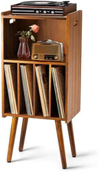 Wooden LP Record Player Stand, 3-Tier Turntable Stand Cabinet Holds up to 100 Albums, Metal Record Storage Holder and Organizer Table, Mid-Century Modern Record Player Holder for Living Room & Bedroom by 2BHOME