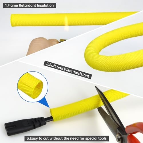Split Braided Cable Sleeve，Flexible Wire Loom Tubing, Automotive Cord Protector Pet Proof, Cable Management for Computer TV Electric Wires Harness 16ft (Yellow, 19mm（3/4") - Image 4