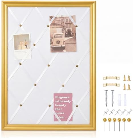 DoubleFill White Bulletin Board 21"×27" Linen Fabric Decorative Board Hanging Memo Boards for Women Large Cork Bulletin Boards for Home Office with 20 Pushpins - White Linen with Gold Frame by DoubleFill