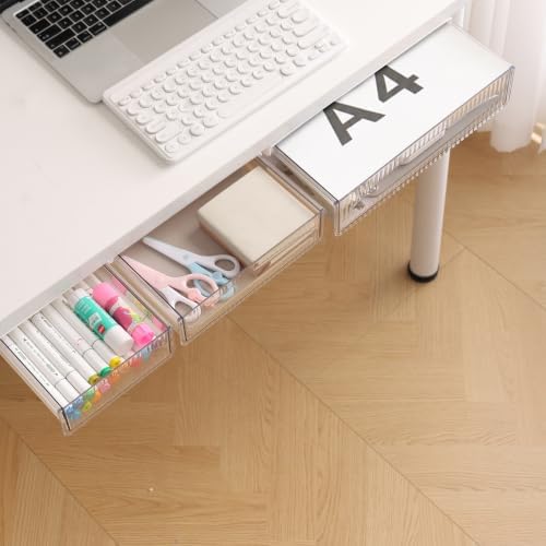 Under Desk Storage Slide Out Drawer Organizer,3 Pack Large & Medium & Small Hidden Under Desk Drawer Multi Space Holder for Pen Earphone Cosmetics Kitchenware Notebook Tape,LMS White by Unknown
