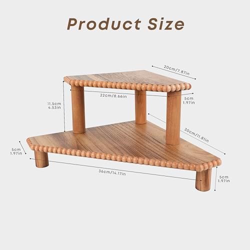 2-Tier Rustic Corner Shelf for Kitchen Counter,Wood Beaded Farmhouse Countertop Organizer with Removable Feet, Stackable Bathroom Vanity & Coffee Bar Decorative Riser Stand(Rustic Brown) - Image 3