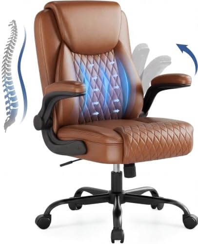 GTPOFFICE Executive Office Chair with Comfortable Lumbar Support, Ergonomic Gaming Chair with Flip-up Armrests & Zoned Pressure-Relief Cushion, Comfy PU Leather Desk Chair, Brown by GTPOFFICE