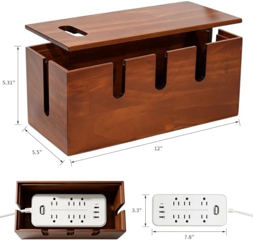 Wooden Cable Management Box, Power Strip Cord Hider with 5 Cable Slots - Image 2