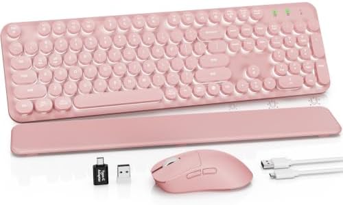 Rechargeable Backlit Wireless Keyboard and Mouse Combo, Retro Typewriter Keyboard with Magnetic Wrist Rest, Light Up Letters, 2.4GHz Cordless Connection for Mac, Windows PC, Laptop (Glowing Pink) by SABLUTE