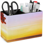 PU Leather Multi-Compartment Pen Holder Desktop Organizer Pencil Cup Storage Caddy for Office Home Supplies Happiness Or Dream Concept Silhouette of Happy Woman Jumping with Multicolored Balloons at S by Unknown