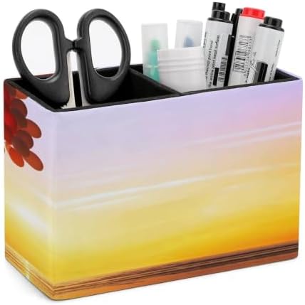 PU Leather Multi-Compartment Pen Holder Desktop Organizer Pencil Cup Storage Caddy for Office Home Supplies Happiness Or Dream Concept Silhouette of Happy Woman Jumping with Multicolored Balloons at S by Unknown