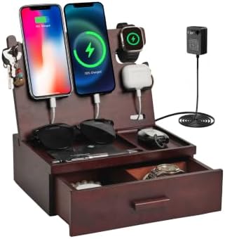 Nightstand Organizer with Drawer Built in 4 USB Quick Charger, Wood Phone Docking Station with Dual Phone Charging Station for Apple Android Phones Anniversary Birthday Gifts for Men Dad Hunsband Mom by JuncaiTech