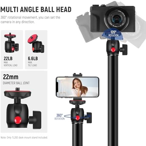 NEEWER Camera Desk Mount with Holder & 360° Ball Head, 17"-40"/43-102cm Telescopic C Clamp Table Light Stand 1/4" Screw, Desktop Stand 6.6lb/3kg Max Load for DSLR Camera, Webcam, Ring Light,TL283 - Image 3